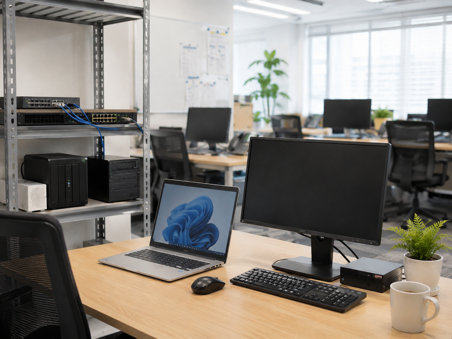 オフィスでのPC作業とネットワーク機器の様子